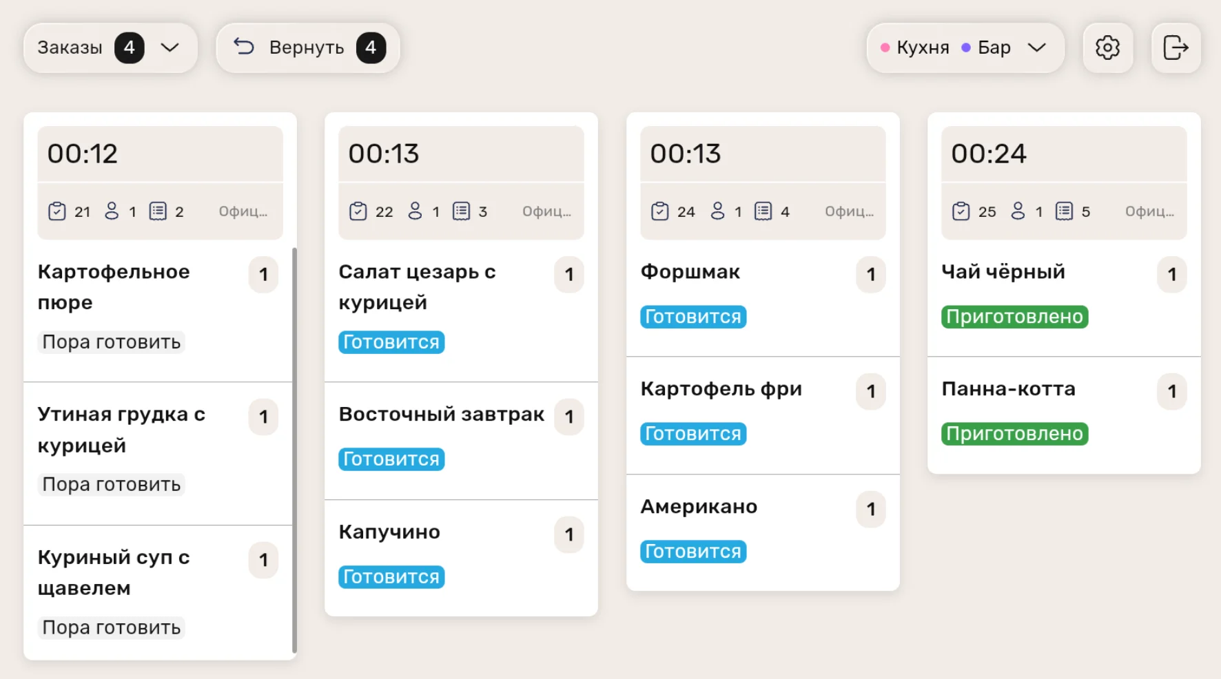 Очередь заказов и статусы блюд на кухонном экране iiko KDS